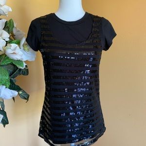 Piper Blue Black sequined, Short Sleeve Top Size Small